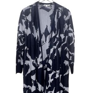 Chico’s Size 2 L / XL Open Front Cardigan Navy‎ Gray Abstract Print Long Duster